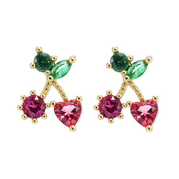 Fruit Stud Cherries Earrings 18K Gold Red Cherries Summer Gold Jewelry 🍒 - Picture 3 of 3
